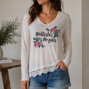Hollister Los Angeles Y2K Floral Graphic Lace Trim Hooded LS Top White XS